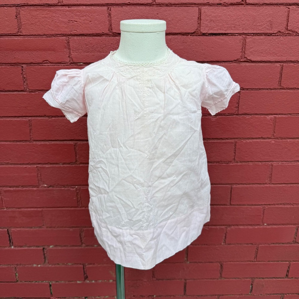Vintage‎ Pink Lace Trim Dress Infant 12M Embroidered Short Sleeve Smocked Neck